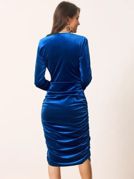 Allegra K- Deep V Neck Bodycon Long Sleeve Velvet Cocktail Midi Dress