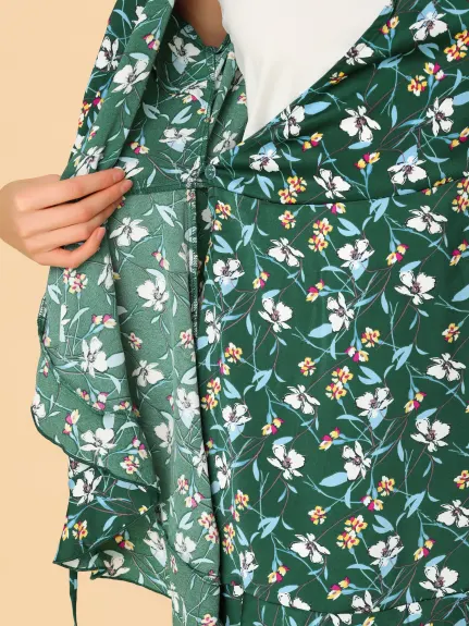 Allegra K- Wrap Ruffle 3/4 Sleeve Satin Floral Dress