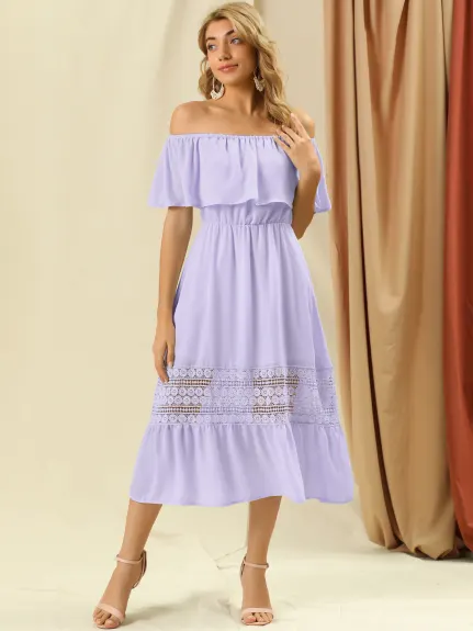 Allegra K- Off The Shoulder Ruffle Sleeve Lace Insert Beach Chiffon Midi Dress