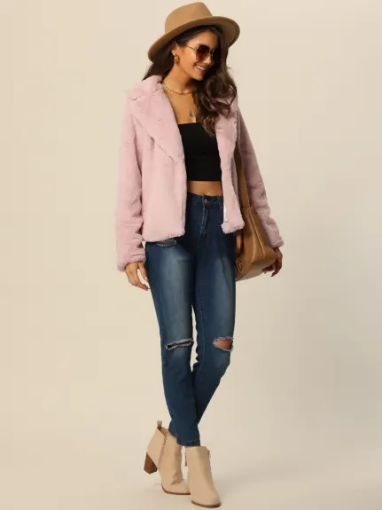 Allegra K- Cropped Notch Lapel Fluffy Coat