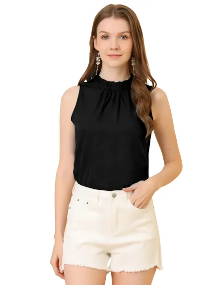 Allegra K- Mock Neck Ruffle Sleeveless Blouse