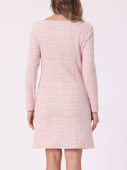 INSPIRE CHIC - Tweed Plaid Long Sleeve Sheath Dress