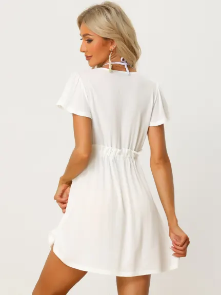 Allegra K- Deep V-Neck Short Sleeve Tie-Front Swing Mini Dress