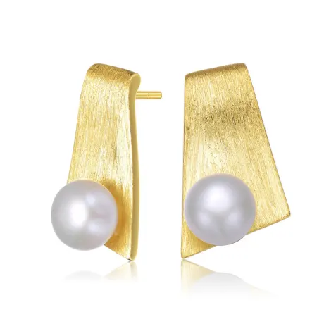 Genevive Sterling Silver 14k Gold Plated with Genuine Freshwater Round Pearl trapezoid-shaped Earrings
