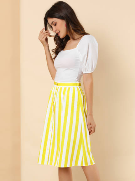 Allegra K - Button A-Line Striped Midi Skirt