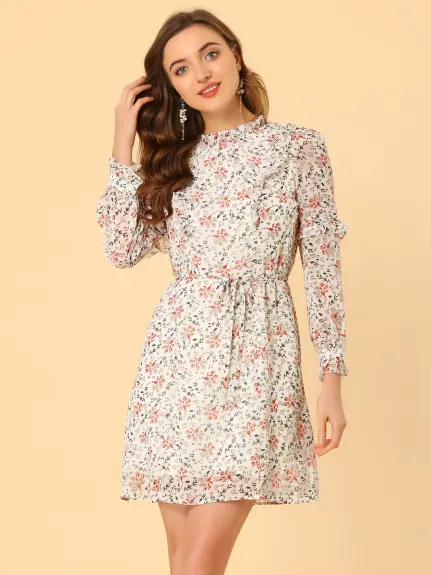 Allegra K- Floral Tie Waist Ruffle Sleeve Chiffon Dress