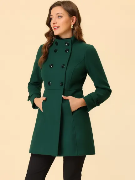 Allegra K- Stand Collar Long Sleeves Double Breasted Coat