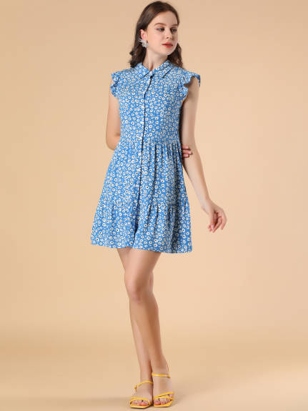 Allegra K- Ruffle Sleeve Pleated Button Up Dress