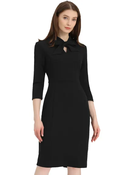 Allegra K- Sheath Bow Tie Front 3/4 Sleeve Bodycon Dress