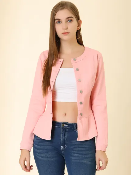 Allegra K- Ruffled Hem Cropped Washed Denim Jacket