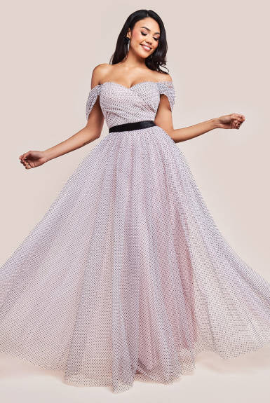 Goddiva - Dobby Mesh Off The Shoulder Princess Maxi Dress