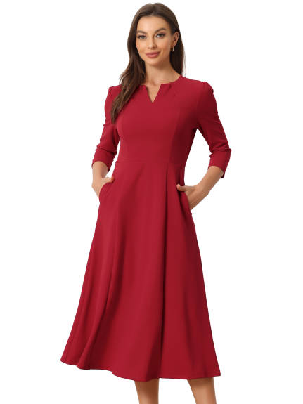 Allegra K- 3/4 Sleeve Notched V Neck A-Line Dress