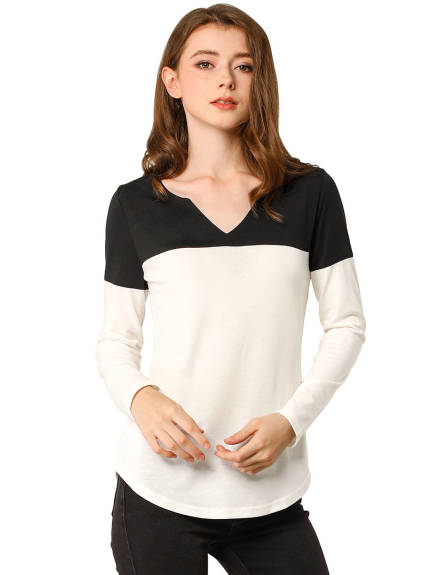 Allegra K- Color Block V Neck Henley Blouse