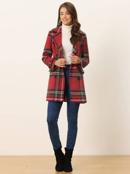 Allegra K- Notched Lapel Double Breasted Plaid Overcoat