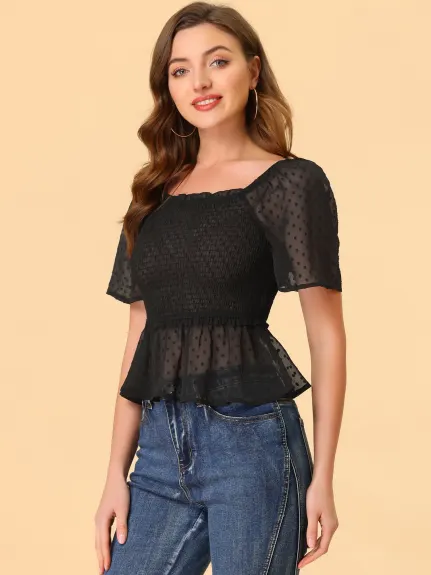 Allegra K- Flare Short Sleeve Crop Smocked Peplum Blouse