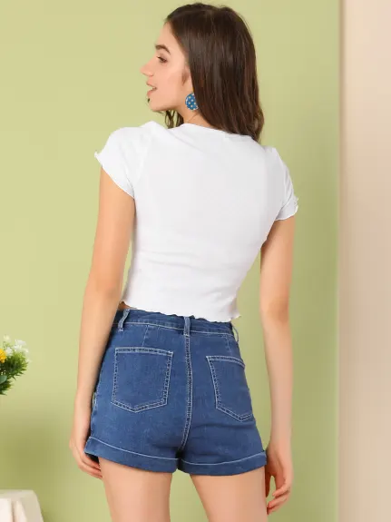 Allegra K - Short en jean extensible à taille moyenne et ourlet roulé