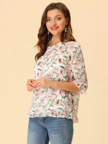 Allegra K- Blouse florale en mousseline à manches 3/4 et à volants