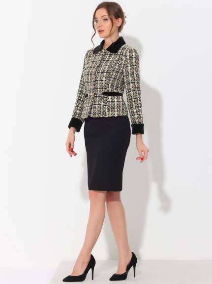 Allegra K- Elegant Velvet Collared Plaid Tweed Blazer