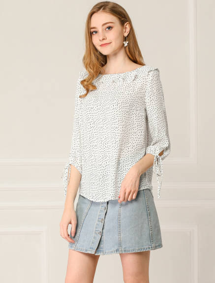 Allegra K- Ruffled Neck Half Sleeve Sheer Polka Dots Blouse