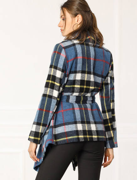 Allegra K- Turn Down Collar Asymmetric Hem Plaids Coat