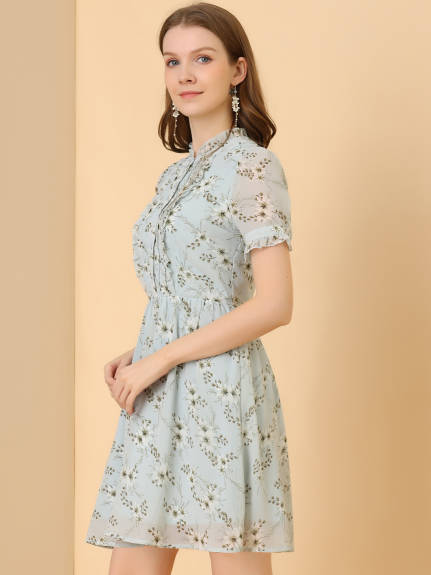 Allegra K- Floral Half Placket Chiffon Dress