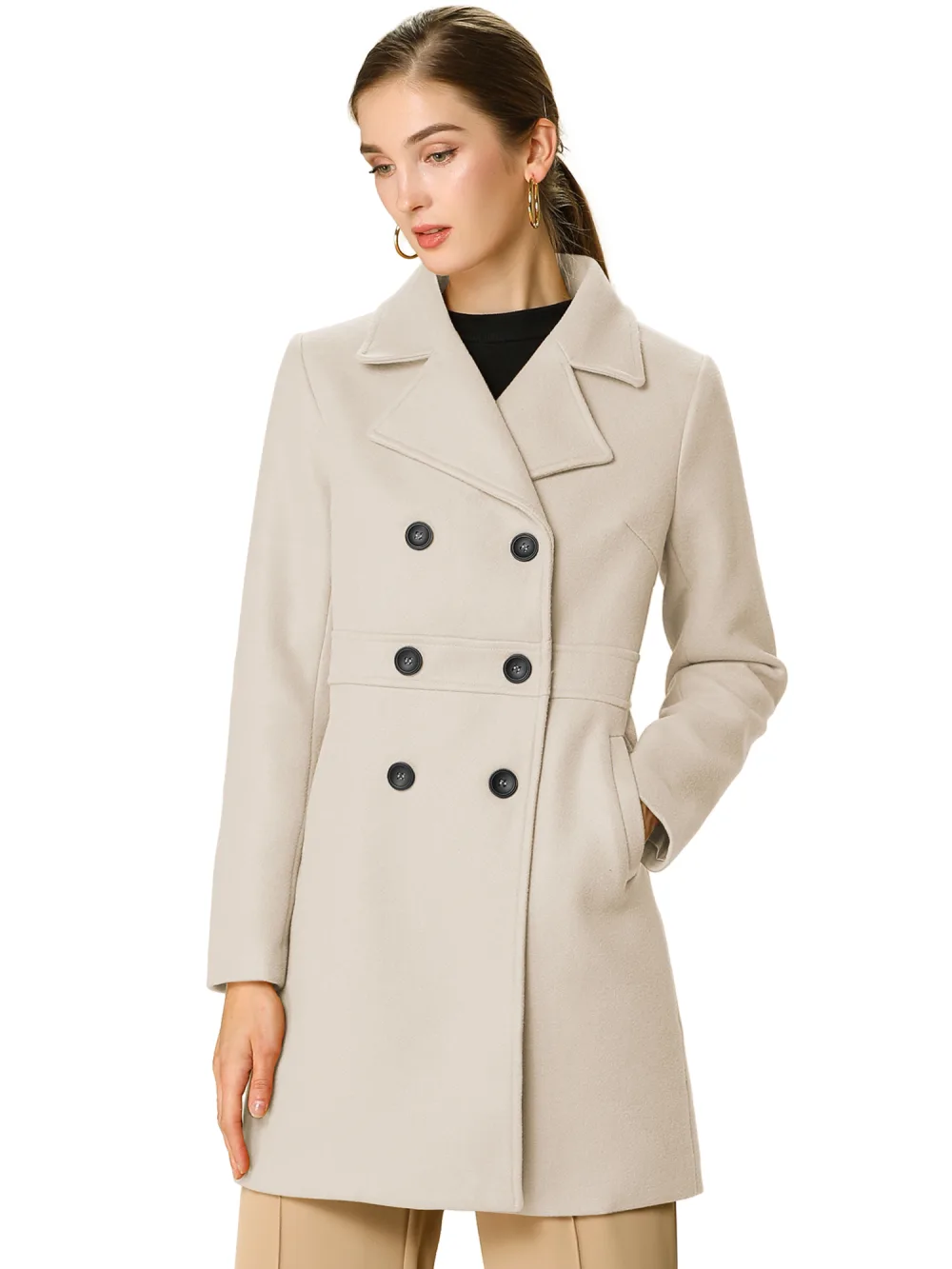 Allegra K- Notched Lapel Double Breasted Mid-Lentgh Overcoat