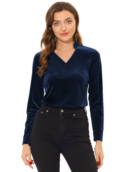 Allegra K- Long Sleeve V Neck Velvet Shirt