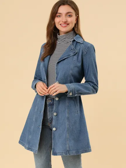 Allegra K- Notched Lapel Button Belted Long Denim Jacket