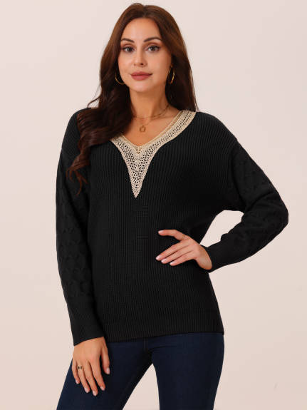 Allegra K - Lace V Neck Drop Shoulder Sweater