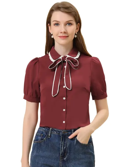 Allegra K- Blouse contrastée à manches bouffantes boutonnée et col noué