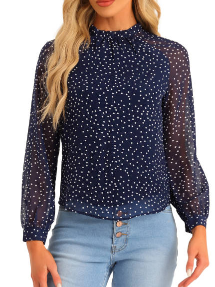 Allegra K - Polka Dots Tie Back Long Sleeve Blouse