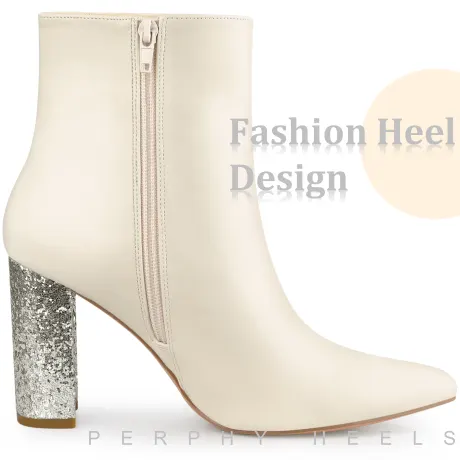 Allegra K - Glitter Block Heels Zipper Ankle Boots