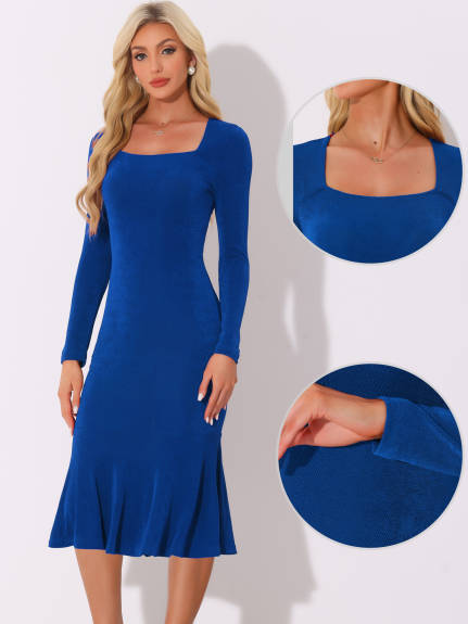 Allegra K - Square Neck Long Sleeve Bodycon Midi Dress