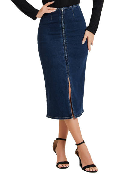 Allegra K - Front Slit Maxi Bodycon Denim Skirt