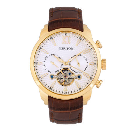 Heritor Automatic Arthur Semi-Skeleton Leather-Band Watch w/ Day/Date - Gold/Silver