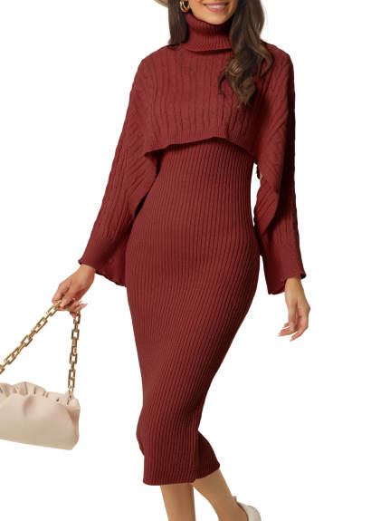 Allegra K- Two Piece Knitted Turtleneck Sweater Tank Bodycon Midi Dress Set