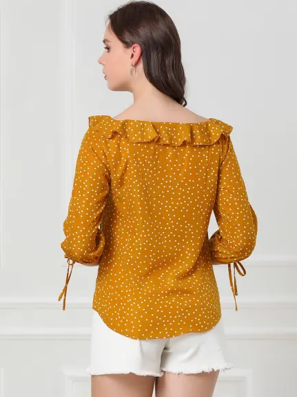 Allegra K- Ruffled Neck Half Sleeve Sheer Polka Dots Blouse