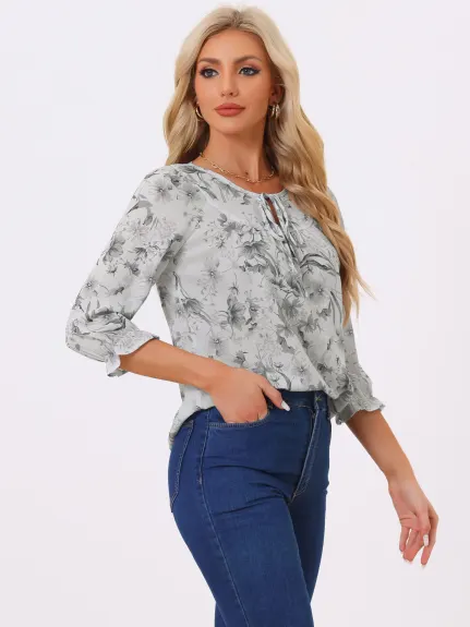 Allegra K- Tie Blouse florale à manches 3/4 et col en V