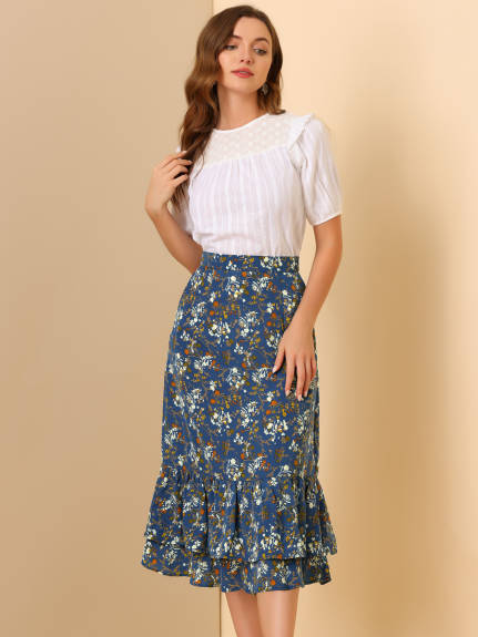 Allegra K- Printed Chiffon Ruffle Tiered Zipper Midi Skirt