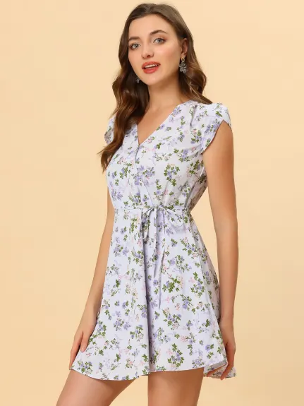 Allegra K- Floral Crossover V Neck Petal Sleeves Belted Dress
