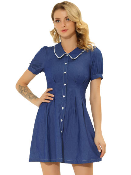 Allegra K- Puff Short Sleeve Flared Button Front Shirt Dress