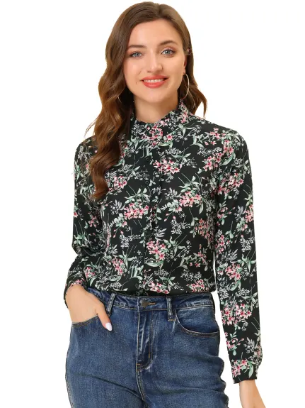 Allegra K- Floral Ruffle Stand Collar Long Sleeve Shirt