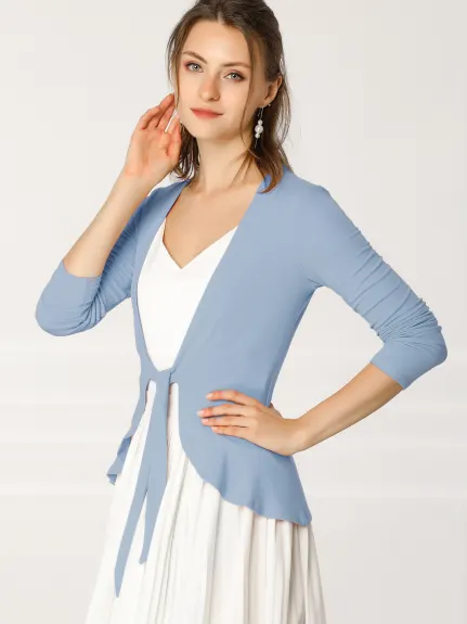 Allegra K- Tie Cardigan court en tricot à volants métallisé ouvert sur le devant