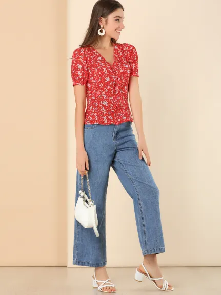 Allegra K- V Neck Puff Sleeve Pleated Floral Shirt Blouse