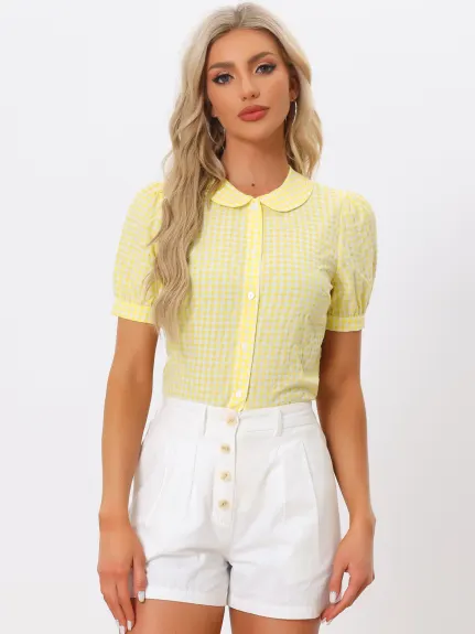 Allegra K - Puff Sleeve Peter Pan Collar Gingham Shirt