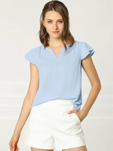 Allegra K- Solid V-Neck Short Sleeve Work Blouse