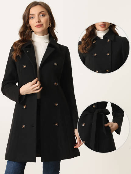 Allegra K - Double Breasted Belted Winter Pea Coat