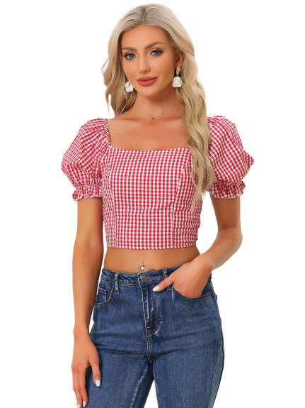 Allegra K- Smocked Crop Bubble Sleeve Tops