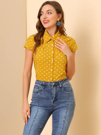 Allegra K- Point Collar Polka Dots Summer Shirt