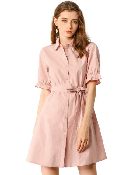 Allegra K- Ruffled Short Sleeve Belted Shirt Dress